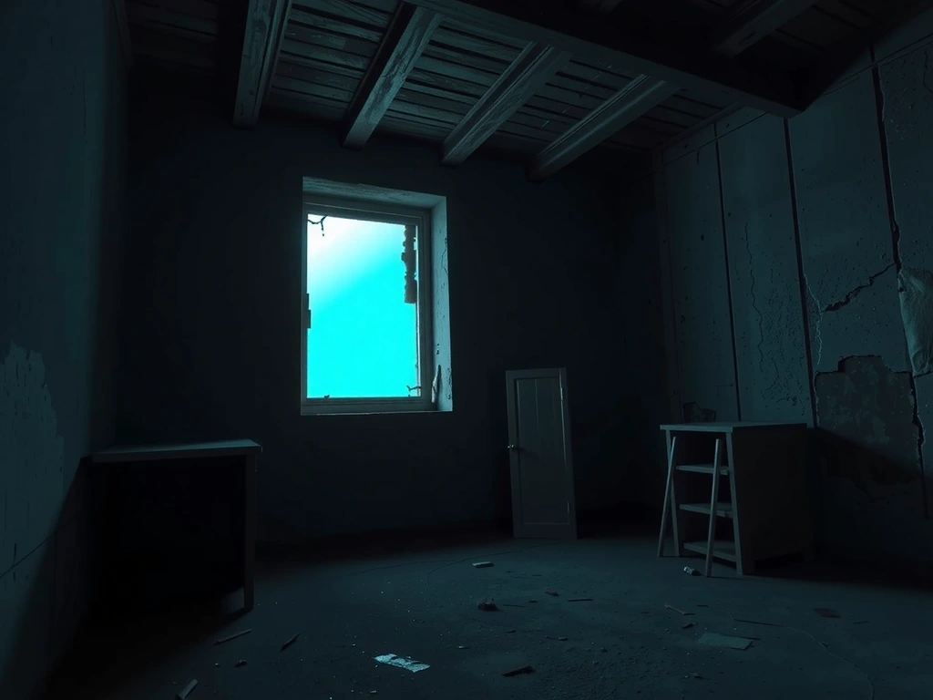 A view inside a derelict lighthouse, shaft of light cutting through dust